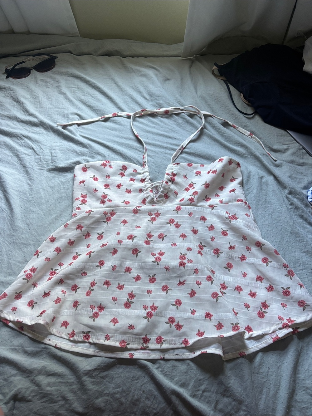 White Floral Halter Sundress with Pink Roses